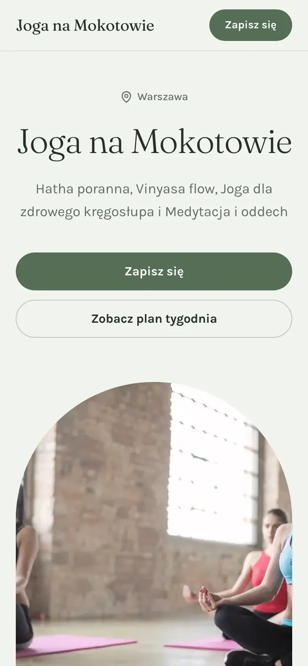 Przykładowa strona zajęć pod adresem joinbee.pl/o/joga-na-mokotowie