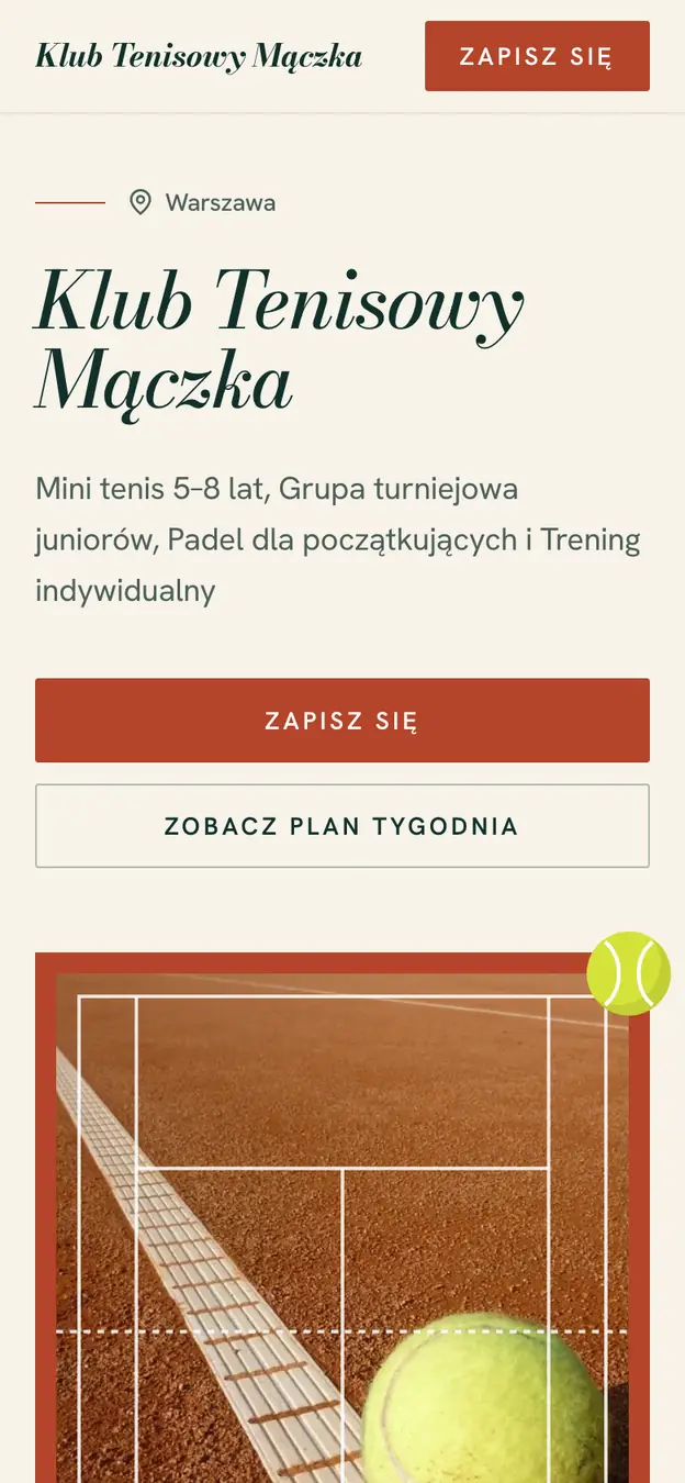 Przykładowa strona w stylu Kort: Klub Tenisowy Mączka